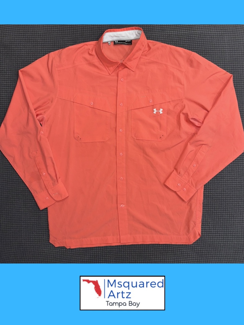 Under Armour HeatGear Fishing Shirt Coral Orange Button Up Large